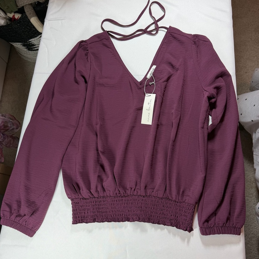 Nine Britton Plum Purple V-Neck Smocked Hem Long Sleeve Blouse